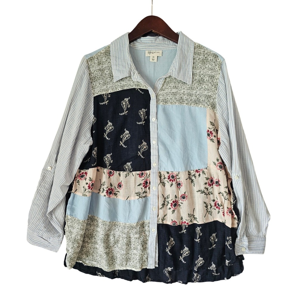 Style & Co Woman Blue Patchwork Floral Paisley Button Down Blouse 2X